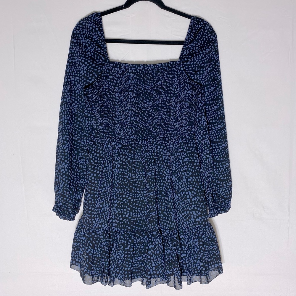 RetroD Navy Blue Long Sleeve Square Neck Floral Dot Print Smocked Mini Dress S